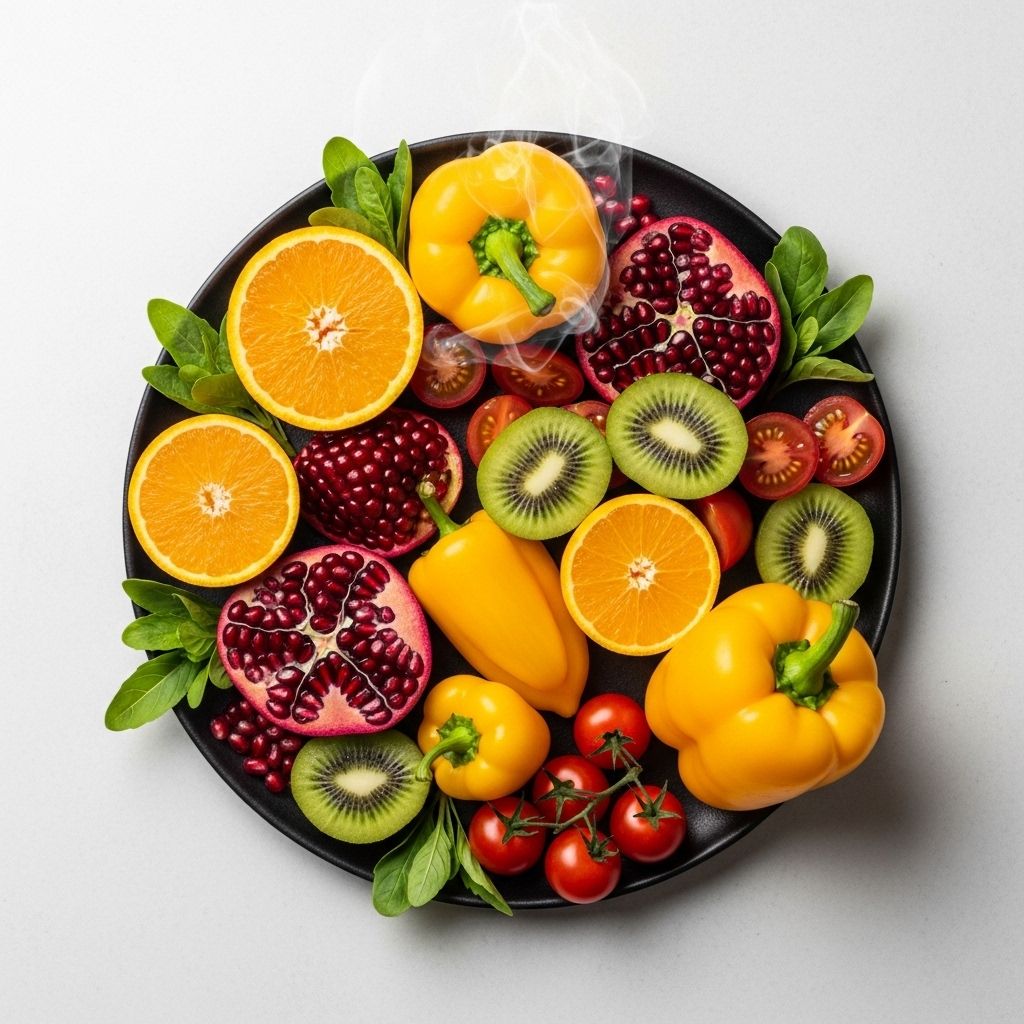 Colorful flat lay arrangement of fresh antioxidant-rich fruits and vegetables including orange segments, kiwi slices, pomegranate seeds, cherry tomatoes, and yellow bell peppers on a clean white background