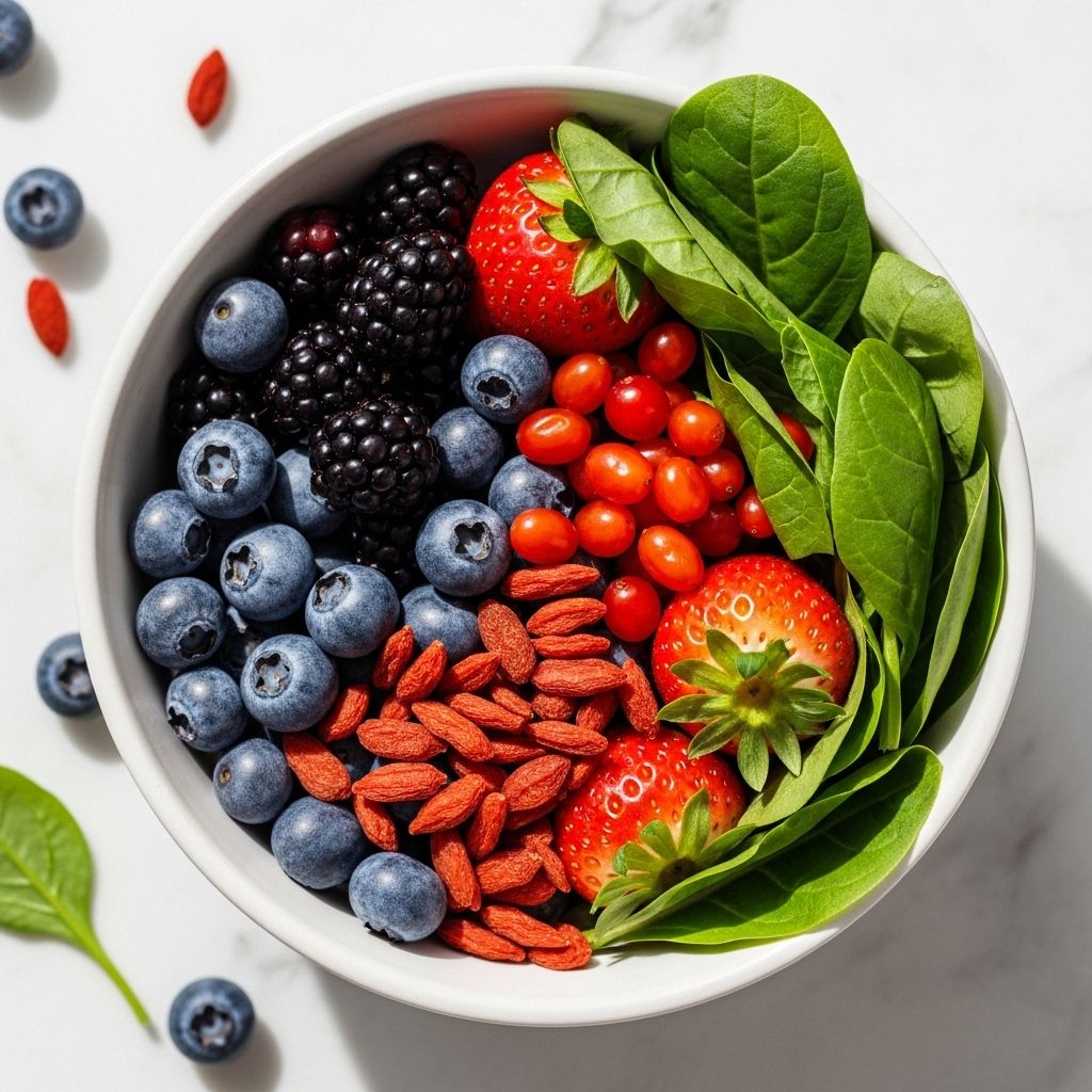 Vibrant close-up overhead shot of a ceramic bowl filled with mixed berries including blueberries, strawberries, and goji berries alongside fresh leafy greens on a white marble surface