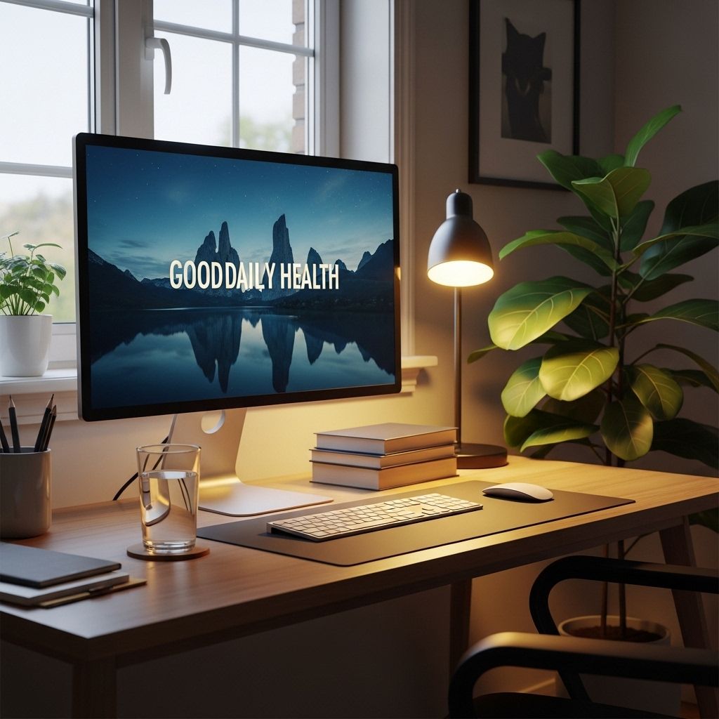 Well-organized ergonomic desk workspace with a monitor at eye level, a glass of water, healthy green plant, and warm ambient lighting, representing good daily visual health habits