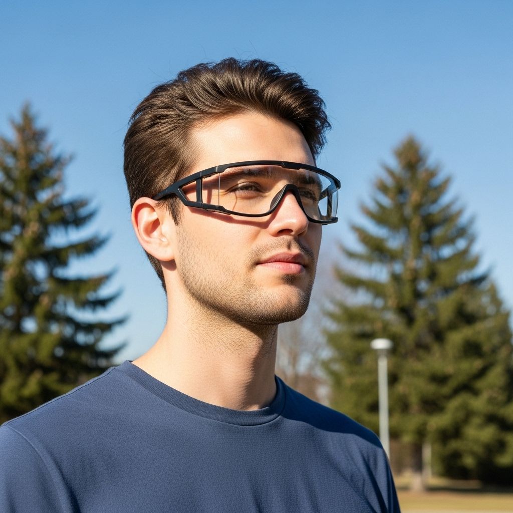Young adult man wearing fashionable protective eyewear outdoors on a bright sunny day with trees and blue sky in the background, representing environmental eye protection awareness